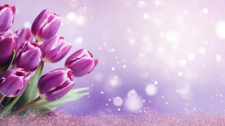 Purple tulips bouquet on light purple background with bokeh. Banner with copy space. Perfect for poster, greeting card, event invitation, promotion, advertising, print, elegant design.の素材