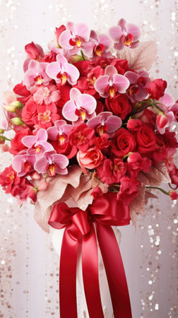 Orchids and roses bouquet with ribbon bow on light background. Perfect for poster, greeting card, event invitation, promotion, advertising, elegant design. Present for Valentines day, Vertical format.の素材