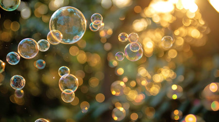 Close-up of reflective soap bubbles among leaves, with a warm bokeh background. Conveying lightness and wonder. Suitable for joy-themed decor and celebrations.の素材