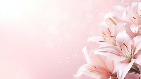 White lilies bouquet on light pink background. Banner with copy space. For poster, greeting card, event invitation, promotion, advertising, print, elegant design. Present for Womens day, Valentineの素材