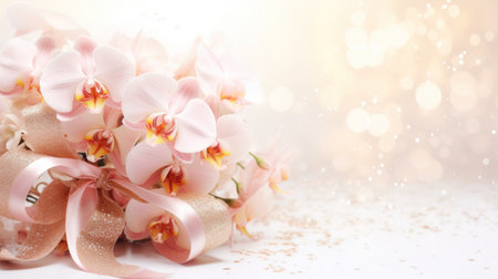 Orchids bouquet on light peach background with glitter and bokeh. Banner with copy space. Perfect for poster, greeting card, event invitation, promotion, advertising, print, elegant designの素材