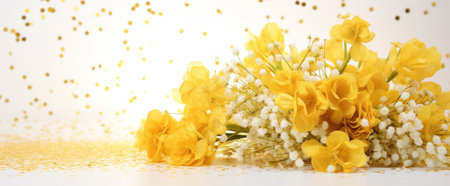 Yellow flowers bouquet on a light background with glitter and bokeh. Banner with copy space. Ideal for poster, greeting card, event invitation, promotion, advertising, print, elegant designの素材