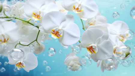 White orchids bouquet under light blue clear water with bubbles and droplets. Banner with copy space. Perfect for poster, greeting card, event invitation, promotion, advertising, print, elegant designの素材