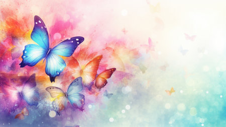 Colorful butterflies with detailed wings, against a vibrant watercolor background with bokeh effects. Ideal for themes of nature, beauty, and transformation. Banner with copy spaceの素材