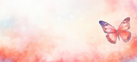 Watercolor illustration of butterfly on pastel delicate peach background. Banner with copy space. The concept of delicate beauty of nature.の素材