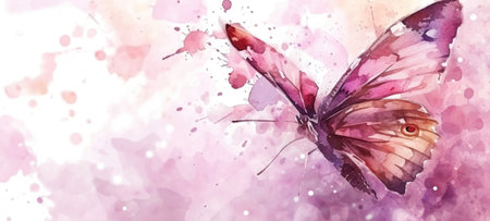 Watercolor illustration of butterfly on vibrant pink background. Banner with copy space. The concept of delicate beauty of nature.の素材