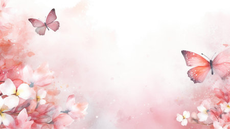 Butterflies with translucent wings against a soft watercolor background adorned with delicate floral blooms. Peach pink colors. Suitable for spring-themed decor and nature-inspired designs.の素材