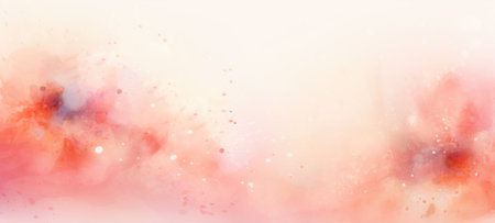 Watercolor artwork displaying vibrant coral and peach tones, with delicate ink splatters and soft bokeh lights. Banner with copy space. Ideal for a calming background, greeting card, invitationの素材