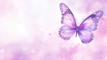Watercolor illustration of butterfly on pastel delicate pink purple background with watercolor splashes and stains. . Banner with copy space. The concept of delicate beauty of nature.の素材