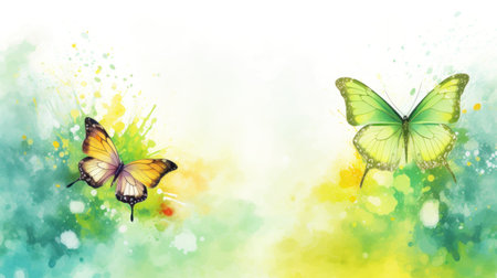 Watercolor illustration of butterfly on pastel delicate green yellow background with watercolor splashes and stains. Banner with copy space. The concept of delicate beauty of nature.の素材
