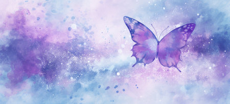 Watercolor illustration of butterfly on pastel delicate blue pink purple background with watercolor splashes and stains. . Banner with copy space. The concept of delicate beauty of nature.の素材