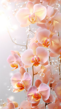 Peach white orchids bouquet on light background with glitter and bokeh. Banner with copy space. Perfect for poster, greeting card, event invitation, promotion, advertising, elegant design. Verticalの素材