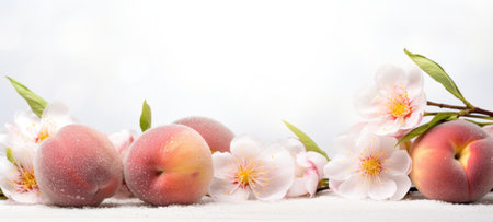 Close-up of ripe peaches and pink flowers against a white background. Banner with copy space. Ideal for poster, greeting card, promotion, advertising, print, elegant design.の素材