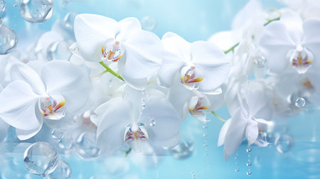 White orchids bouquet under light blue clear water with bubbles and droplets. Banner with copy space. Perfect for poster, greeting card, event invitation, promotion, advertising, print, elegant designの素材