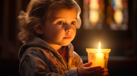 A young child holding a lit candle with awe in eyes, in a church setting. Light casting a soft glow on his face. Suitable for Easter festive celebrations, religious event programs, or spiritual blogsの素材