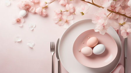 Elegant spring table decor with cherry blossoms and pastel eggs. Top view. Pink colors. Easter dinner. Copy spaceの素材