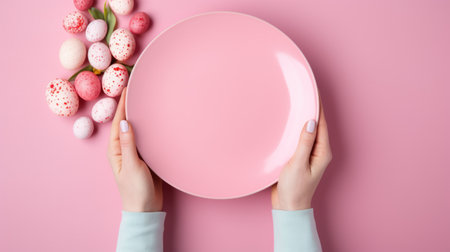 Two hands hold empty pale pink plate on soft pink background surrounded by pastel-colored Easter eggs. Top view. Mockup. Copy space. Useful for spring-themed visuals and Easter marketing.の素材