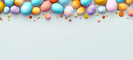 Multicolored Easter eggs with various patterns, surrounded by bright confetti on white backdrop. Ideal for holiday decoration, Easter sale advertisement, event announcement. Banner with copy spaceの素材