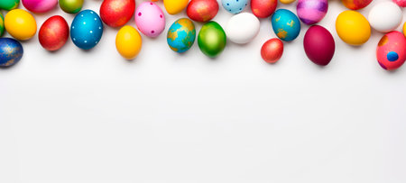 Vibrant Easter eggs in a variety of colors and patterns line the top of a white background. Ideal for festive season advertising and Easter celebration themes. Top view. Banner with copy spaceの素材