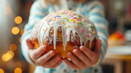 Child holding in hands Easter cake Kulich decorated with white dripping icing and colored sprinkles. Blurred background. Ideal for bakery ads, holiday Easter content, or recipe blogs.の素材