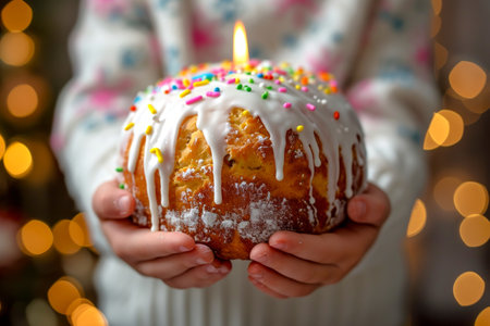 Child holding in hands Easter cake Kulich decorated with white dripping icing, colored sprinkles and burning candle. Blurred background. Ideal for holiday Easter content, festive celebrationsの素材