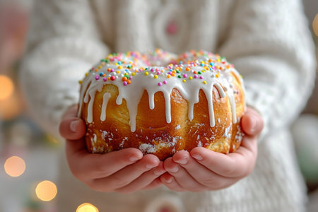 Childs hands holding a decorated Easter cake Kulich with icing and colored sprinkles. Blurred background. Ideal for bakery ads, holiday Easter content, or recipe blogs.の素材