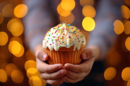 Child holding in his hands Easter cupcake Kulich decorated with white dripping icing and colored sprinkles. Blurred background. Ideal for bakery ads, holiday Easter content, or recipe blogs.の素材
