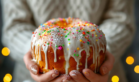 Hands holding decorated Easter cake Kulich with icing and colored sprinkles. Blurred background. Ideal for bakery ads, holiday Easter content, or recipe blogs.の素材
