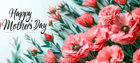 Panoramic banner with coral poppies and Happy Mothers Day text on a light background. Suitable for greeting cards, event banners, and floral shops.の素材