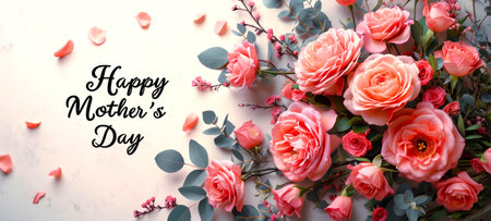 Panoramic banner with coral roses and Happy Mothers Day text on a white background. Suitable for greeting cards, event banners, and floral shops.の素材