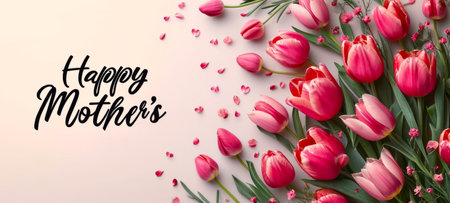 Wide banner with red tulips and Happy Mothers Day text on light background. Suitable for greeting cards, event banners, and floral shops.の素材