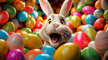 Easter rabbit with a surprised and joyful expression among many colorful eggs. Ideal for holiday-themed promotions and spring event decorations. Easter bunnyの素材