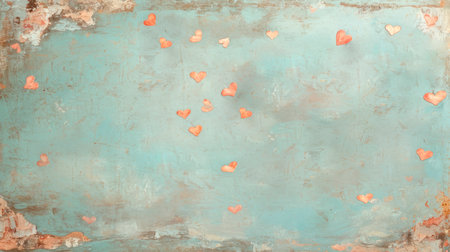 Textured turquoise backdrop with hearts in different sizes and colors. With copy space. Illustration in the style of oil painting. Ideal for designs related to love, relationships or Valentines Day.の素材
