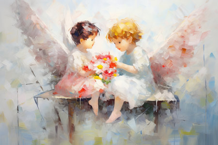 Two children with wings sitting on bench, one handing flowers to the other. Illustration in style of oil painting. Suitable for greeting cards or wall art, embodying themes of friendship and kindnessの素材