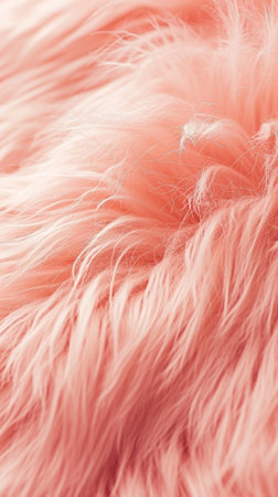 Trendy Peach fur texture. Fashionable color. Dyed animal fur. Concept of Softness, Comfort and Luxury. Ideal for Background, Fashion, Textile, Interior Design. Fluffy backdrop. Vertical formatの素材