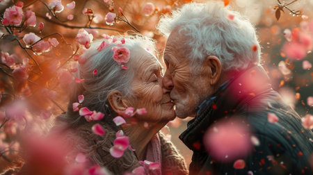Affectionate elderly couple shares a heartfelt kiss amidst a soft background of pink rose petals, evoking everlasting love. Perfect for greeting cards and sentimental themes. Valentines day.の素材