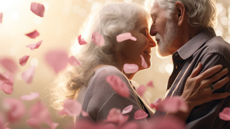 Affectionate elderly couple hugging tenderly amidst soft background of pink rose petals, evoking everlasting love. Ideal for greeting cards and sentimental themes. Valentines day.の素材