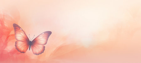 Watercolor illustration of butterfly on pastel delicate peach background. Banner with copy space. The concept of delicate beauty of nature.の素材