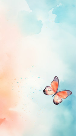 Watercolor illustration of peach butterfly on pastel delicate blue background with watercolor splashes and stains.. With copy space. The concept of delicate beauty of nature. Vertical formatの素材