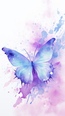 Watercolor illustration of butterfly on pastel delicate blue pink purple background with watercolor splashes and stains.. With copy space. The concept of delicate beauty of nature. Vertical formatの素材