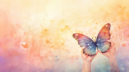 Butterfly in open hands against a watercolor backdrop. Banner with copy space. The concept of Wellness, nature and freedom. Ideal for Inspirational content, environmental campaigns.の素材