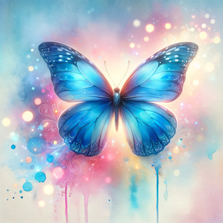 Blue butterfly against a vibrant colorful background with bokeh effects. Ideal for themes of nature, beauty, and transformation. With copy space. Digital illustrationの素材