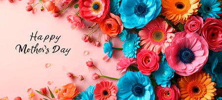 Wide banner with flowers and Happy Mothers Day text on light background. Suitable for greeting cards, event banners, and floral shopsの素材