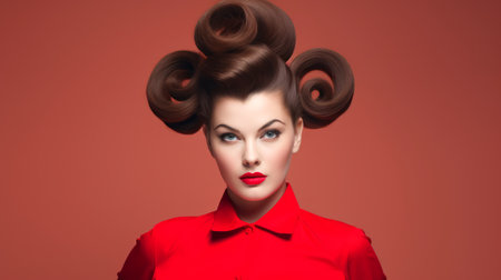Brunette Woman with styled hair with victory rolls in vintage fashion style. For use in beauty tutorials, retro fashion spreads, hair styling guides, and makeup artistry.の素材