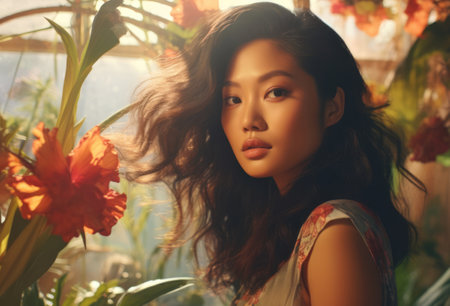Asian Lady with wavy hair in a botanical setting with sunlight. Vintage style. Tropical paradise. Ideal for fashion, wellness retreats, and nature-inspired themes.の素材