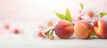 Close-up of ripe peaches and pink flowers against a white background. Banner with copy space. Ideal for poster, greeting card, promotion, advertising, print, elegant design.の素材