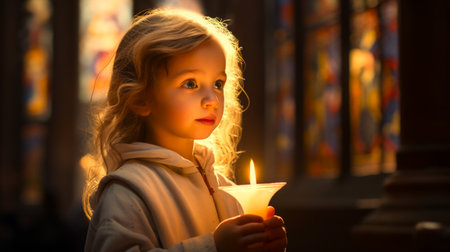 Child holding a lit candle with awe in eyes, in a church. Light casting a soft glow on his face. With copy space. Suitable for Easter festive celebrations, religious event programs, spiritual blogsの素材