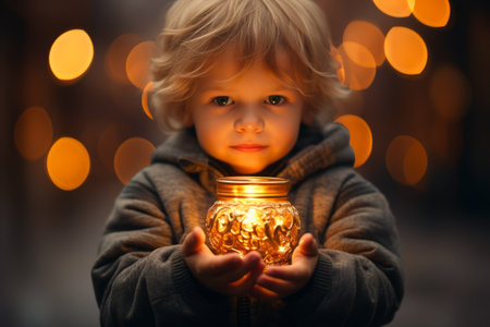 Child holding in hands glowing candle with blurred bokeh background. Magical atmosphere. Suitable for holiday themes, Easter celebrations, religious, spiritual content, or candle safety awareness.の素材