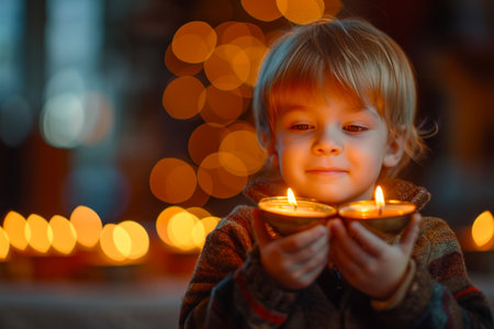 Kid holding in hands glowing candles with blurred bokeh background. Copy space. Ideal for holiday themes, Easter celebrations, religious, spiritual content, or candle safety awareness.の素材