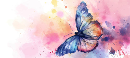 Watercolor illustration of butterfly on vibrant pink background. Banner with copy space. The concept of delicate beauty of nature.の素材
